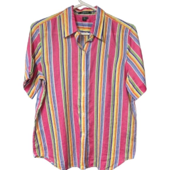 Ralph Lauren Linen Short Sleeve Top Blouse Striped Colourful Women's Size Medium - Picture 2 of 12